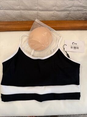 ZYIA Black Ribbed Crop Bralette with White Trim